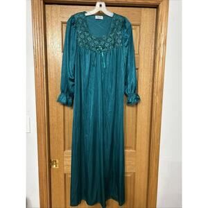 Vtg Vanity Fair Lingerie Teal L/S Long Nightgown Sz Small Made In USA 80-770